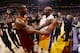LOS ANGELES, CA - MARCH 10: Kobe Bryant #24 of the Los Angeles Lakers shakes hands with LeBron James #23 of the Cleveland Cavaliers after the game at STAPLES Center on March 10, 2016 in Los Angeles, California. NOTE TO USER: User expressly acknowledges and agrees that, by downloading and/or using this Photograph, user is consenting to the terms and conditions of the Getty Images License Agreement. Mandatory Copyright Notice: Copyright 2016 NBAE (Photo by Noah Graham/NBAE via Getty Images)