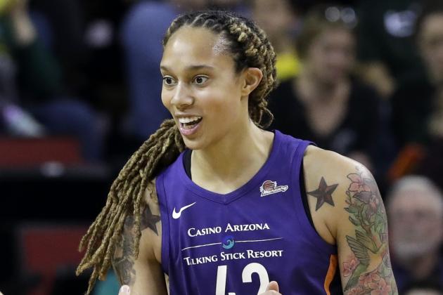 Phoenix Mercury's Brittney Griner reacts after a play against the Seattle Storm in a WNBA basketball game Sunday, May 20, 2018, in Seattle. (AP Photo/Elaine Thompson)