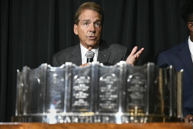 NCAA college football head coach Nick Saban of Alabama speaks during the ceremony for the acceptance of the MacArthur Bowl trophy during the Southeastern Conference Media Days at the College Football Hall of Fame in Atlanta, Wednesday, July 18, 2018. The trophy is presented annually, since 1959, to the top team in the country. (AP Photo/John Amis)