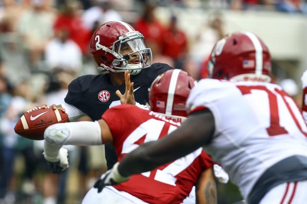 White quarterback Jalen Hurts (2) throws a pass during the second half of an NCAA college football Alabama spring game, Saturday, April 21, 2018, in Tuscaloosa, Ala. (AP Photo/Butch Dill)