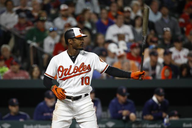 Baltimore Orioles' Adam Jones stands in the batter's box during a baseball game against the Boston Red Sox, Monday, June 11, 2018, in Baltimore. (AP Photo/Patrick Semansky)
