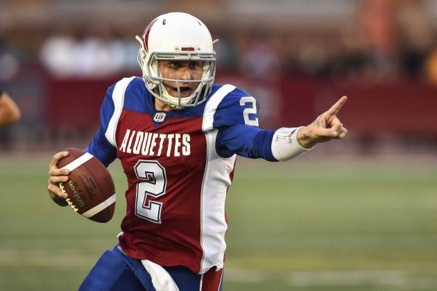 MONTREAL, QC - AUGUST 03:  Quarterback Johnny Manziel #2 of the Montreal Alouettes looks to play the ball against the Hamilton Tiger-Cats during the CFL game at Percival Molson Stadium on August 3, 2018 in Montreal, Quebec, Canada.  (Photo by Minas Panagiotakis/Getty Images)