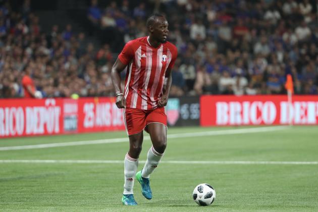 NANTERRE, FRANCE - JUNE 12: Usain Bolt of FIFA 98 reacts during the Friendly match between France 98 and FIFA 98 at U Arena on June 12, 2018 in Nanterre near Paris, France. (Photo by Xavier Laine/Getty Images)