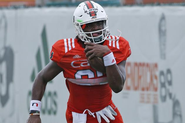 CORAL GABLES, FL - AUGUST 6: Michael Irvin II #87 of the Miami Hurricanes runs with the ball on August 6, 2016 at the Greentree Practice Fields on the campus of the University of Miami in Coral Gables, Florida. (Photo by Joel Auerbach/Getty Images)