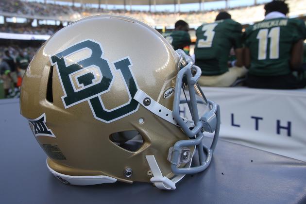 Baylor football helmet on the sidelines during their game with Rice at an NCAA college football game, Saturday, Sept. 26, 2015, in Waco, Texas. (AP Photo/Rod Aydelotte)