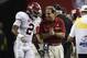FILE - In this Dec. 3, 2016, file photo, Alabama quarterback Jalen Hurts (2) speaks with Alabama head coach Nick Saban during the second half of the Southeastern Conference championship NCAA college football game against Florida, in Atlanta. Top-ranked Alabama's freshman quarterback has shown poise beyond his years under the pressure of leading the Crimson Tide to a Southeastern Conference title and playoff berth. (AP Photo/John Bazemore, File)