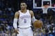 Oklahoma City Thunder guard Russell Westbrook (0) during of an NBA basketball game between the Memphis Grizzlies and the Oklahoma City Thunder in Oklahoma City, Wednesday, April 11, 2018. (AP Photo/Sue Ogrocki)