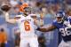 Cleveland Browns quarterback Baker Mayfield (6) throws a pass away from New York Giants' Kareem Martin (96) during the first half of a preseason NFL football game Thursday, Aug. 9, 2018, in East Rutherford, N.J. (AP Photo/Adam Hunger)
