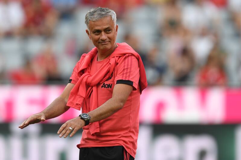 Manchester United's Portuguese manager Jose Mourinho attends the warm up prior to the pre-season friendly football match between FC Bayern Munich and Manchester United at the Allianz Arena in Munich, southern Germany, on August 5, 2018. (Photo by Christof STACHE / AFP) (Photo credit should read CHRISTOF STACHE/AFP/Getty Images)