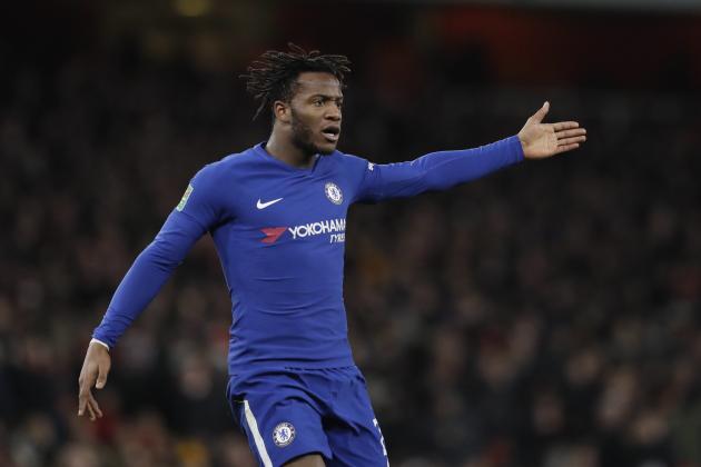 FILE - In this Wednesday, Jan.24, 2018 file photo, Chelsea's Michy Batshuayi gestures during the English League Cup semifinal second leg soccer match between Chelsea and Arsenal at the Emirates stadium in London. Michy Batshuayi has joined Borussia Dortmund on loan from Chelsea until the end of the season. The Belgium striker's move completes a triangle of transfers that saw Arsenal sign Pierre-Emerick Aubameyang from Dortmund and sell Olivier Giroud to Chelsea earlier on Wednesday, Jan. 31, 2018. (AP Photo/Matt Dunham, file)