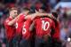 MANCHESTER, ENGLAND - AUGUST 10: Paul Pogba of Manchester United (hidden) celebrates with team mates after scoring his team's first goal during the Premier League match between Manchester United and Leicester City at Old Trafford on August 10, 2018 in Manchester, United Kingdom. (Photo by Laurence Griffiths/Getty Images)
