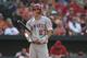Los Angeles Angels Mike Trout reacts at bat against the Baltimore Orioles in a baseball game, Saturday, June 30, 2018, in Baltimore. (AP Photo/Gail Burton)