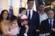 MADRID, SPAIN - AUGUST 09: Thibaut Courtois and Marta Dominguez (L) pose with his family after being announced as new Real Madrid player at Estadio Santiago Bernabeu on August 9, 2018 in Madrid, Spain. (Photo by Quality Sport Images/Getty Images)