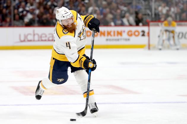 DENVER, CO - APRIL 22:  Ryan Ellis #4 of the Nashville Predators fires a goal against the Colorado Avalanche in Game Six of the Western Conference First Round during the 2018 NHL Stanley Cup Playoffs at the Pepsi Center on April 22, 2018 in Denver, Colorado.  (Photo by Matthew Stockman/Getty Images)