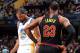 CLEVELAND, OH - JUNE 8: LeBron James #23 of the Cleveland Cavaliers and Kevin Durant #35 of the Golden State Warriors looks on during Game Four of the 2018 NBA Finals on June 8, 2018 at Quicken Loans Arena in Cleveland, Ohio. NOTE TO USER: User expressly acknowledges and agrees that, by downloading and or using this Photograph, user is consenting to the terms and conditions of the Getty Images License Agreement. Mandatory Copyright Notice: Copyright 2018 NBAE (Photo by Andrew D. Bernstein/NBAE via Getty Images)