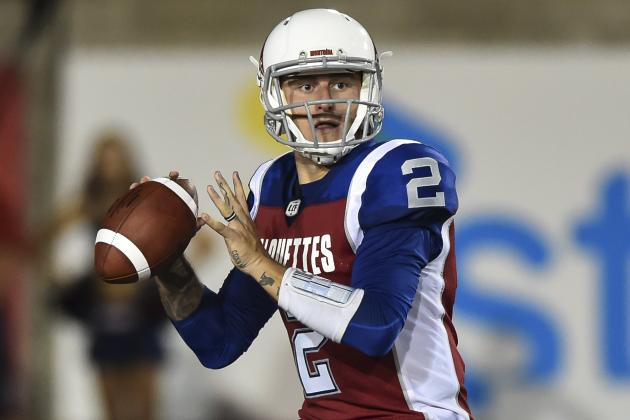 MONTREAL, QC - AUGUST 03:  Quarterback Johnny Manziel #2 of the Montreal Alouettes prepares to play the ball against the Hamilton Tiger-Cats during the CFL game at Percival Molson Stadium on August 3, 2018 in Montreal, Quebec, Canada.  The Hamilton Tiger-Cats defeated the Montreal Alouettes 50-11.  (Photo by Minas Panagiotakis/Getty Images)