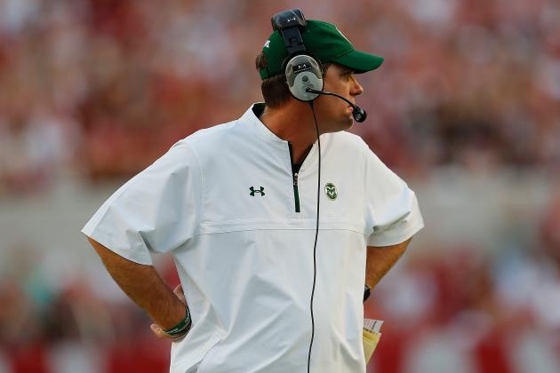 TUSCALOOSA, AL - SEPTEMBER 16:  Head coach Mike Bobo of the Colorado State Rams looks on during the game against the Alabama Crimson Tide at Bryant-Denny Stadium on September 16, 2017 in Tuscaloosa, Alabama.  (Photo by Kevin C. Cox/Getty Images)