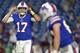 Buffalo Bills quarterback Josh Allen (17) talks to his team during the second half of an NFL football game against the Carolina Panthers, Thursday, Aug. 9, 2018, in Orchard Park, N.Y. (AP Photo/Adrian Kraus)