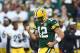 GREEN BAY, WI - AUGUST 16: Aaron Rodgers #12 of the Green Bay Packers celebrates a touchdown pass during the first quarter of a preseason game against the Pittsburgh Steelers at Lambeau Field on August 16, 2018 in Green Bay, Wisconsin. (Photo by Stacy Revere/Getty Images)