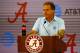 Alabama head coach Nick Saban speaks to media before a NCAA college football practice, Saturday, Aug. 4, 2018, in Tuscaloosa, Ala. (AP Photo/Butch Dill)