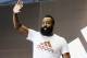 NBA Houston Rockets guard James Harden waves to fans during a media event in Taipei, Taiwan, Wednesday, July 4, 2018.(AP Photo/Chiang Ying-ying)