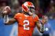 FILE - In this Jan. 1, 2018, file photo, Clemson quarterback Kelly Bryant (2) passes in the first half of the Sugar Bowl NCAA college football bowl game against Alabama, in New Orleans. In a conference in which the only new head coach wasted no time getting comfortable in his new position and Louisville developed a replacement for its only Heisman Trophy winner, the main subplot revolved around the seemingly secure QBs who are trying to keep their jobs. (AP Photo/Rusty Costanza, File)
