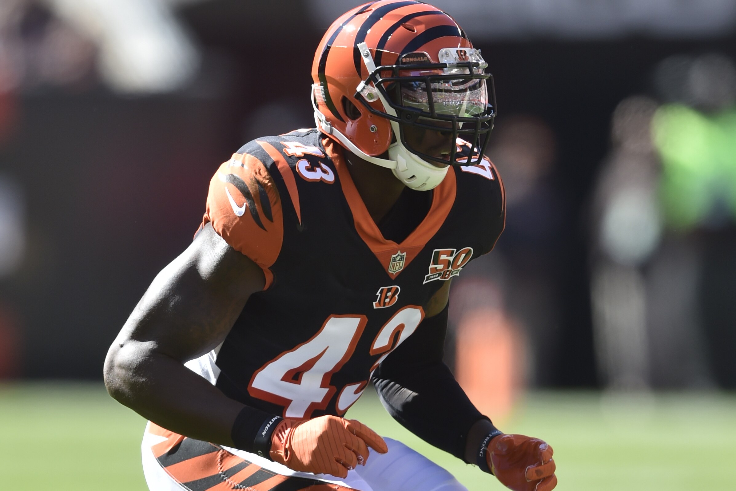 Cincinnati Bengals free safety George Iloka (43) lines up against the Cleveland Browns during an NFL football game, Sunday, Oct. 1, 2017, in Cleveland. Cincinnati won 31-7. (AP Photo/David Richard)