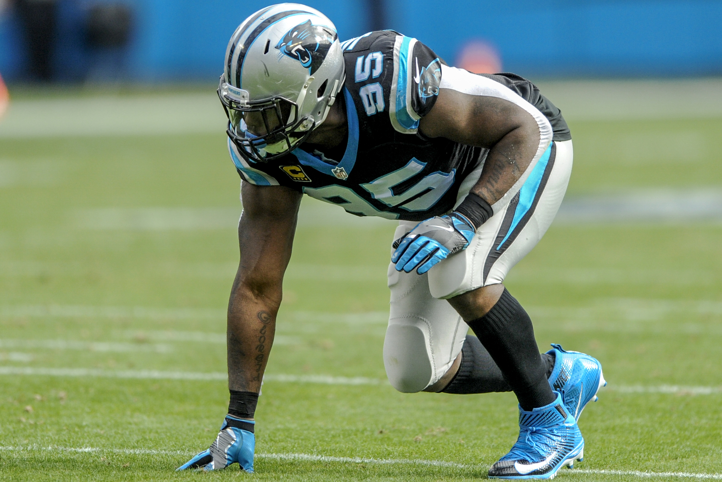 Carolina Panthers defensive end Charles Johnson (95) freacts to a