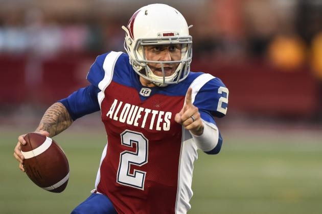 MONTREAL, QC - AUGUST 03: Quarterback Johnny Manziel #2 of the Montreal Alouettes runs with the ball against the Hamilton Tiger-Cats during the CFL game at Percival Molson Stadium on August 3, 2018 in Montreal, Quebec, Canada. The Hamilton Tiger-Cats defeated the Montreal Alouettes 50-11. (Photo by Minas Panagiotakis/Getty Images)