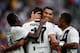 Juventus' Portuguese forward Cristiano Ronaldo (2ndR) and Juventus' French midfielder Blaise Matuidi (L) congratulalte Juventus' Croatian forward Mario Mandzukic after he scored his team's second goal during the Italian Serie A football match Juventus vs Lazio on August 25, 2018 at the Allianz Stadium in Turin. (Photo by Marco BERTORELLO / AFP) (Photo credit should read MARCO BERTORELLO/AFP/Getty Images)
