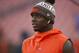 Cleveland Browns wide receiver Josh Gordon watches before an NFL football game between the Browns and the Philadelphia Eagles, Thursday, Aug. 23, 2018, in Cleveland. (AP Photo/Ron Schwane)