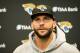 Jacksonville Jaguars quarterback Blake Bortles speaks to the media during a post-game press conference an NFL preseason football game against the New Orleans Saints, Thursday, Aug. 9, 2018, in Jacksonville, Fla. Final score 24-20. (AP Photo/Stephen B. Morton)