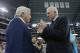 New England Patriots owner Robert Kraft, left, talks with Dallas Cowboys owner Jerry Jones, rightm before an NFL football game, Sunday, Oct. 11, 2015, in Arlington, Texas. (AP Photo/Tim Sharp)