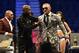 LAS VEGAS, NV - AUGUST 26: (L-R) Floyd Mayweather Jr. and Conor McGregor attend a news conference after Mayweather defeated Conor McGregor by 10th-round TKO in their super welterweight boxing match at T-Mobile Arena on August 26, 2017 in Las Vegas, Nevada. (Photo by Jeff Bottari/Zuffa LLC/Zuffa LLC via Getty Images)