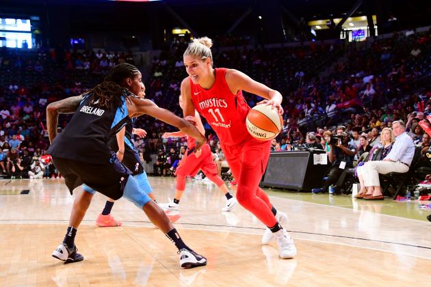 ATLANTA, GA - AUGUST 26: Elena Delle Donne #11 of the Washington Mystics handles the ball against the Atlanta Dream during Game One of the 2018 WNBA Semifinals on August 26, 2018 at McCamish Pavilion in Atlanta, Georgia. NOTE TO USER: User expressly acknowledges and agrees that, by downloading and/or using this Photograph, user is consenting to the terms and conditions of the Getty Images License Agreement. Mandatory Copyright Notice: Copyright 2018 NBAE (Photo by Scott Cunningham/NBAE via Getty Images)