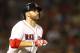 BOSTON, MA - AUGUST 28: J.D. Martinez #28 of the Boston Red Sox runs to first base in the fifth inning a game against the Miami Marlins at Fenway Park on August 28, 2018 in Boston, Massachusetts. (Photo by Adam Glanzman/Getty Images)