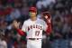 Los Angeles Angels starting pitcher Shohei Ohtani, of Japan, gestures while pitching against the Boston Red Sox during the first inning of a baseball game Tuesday, April 17, 2018, in Anaheim, Calif. (AP Photo/Jae C. Hong)