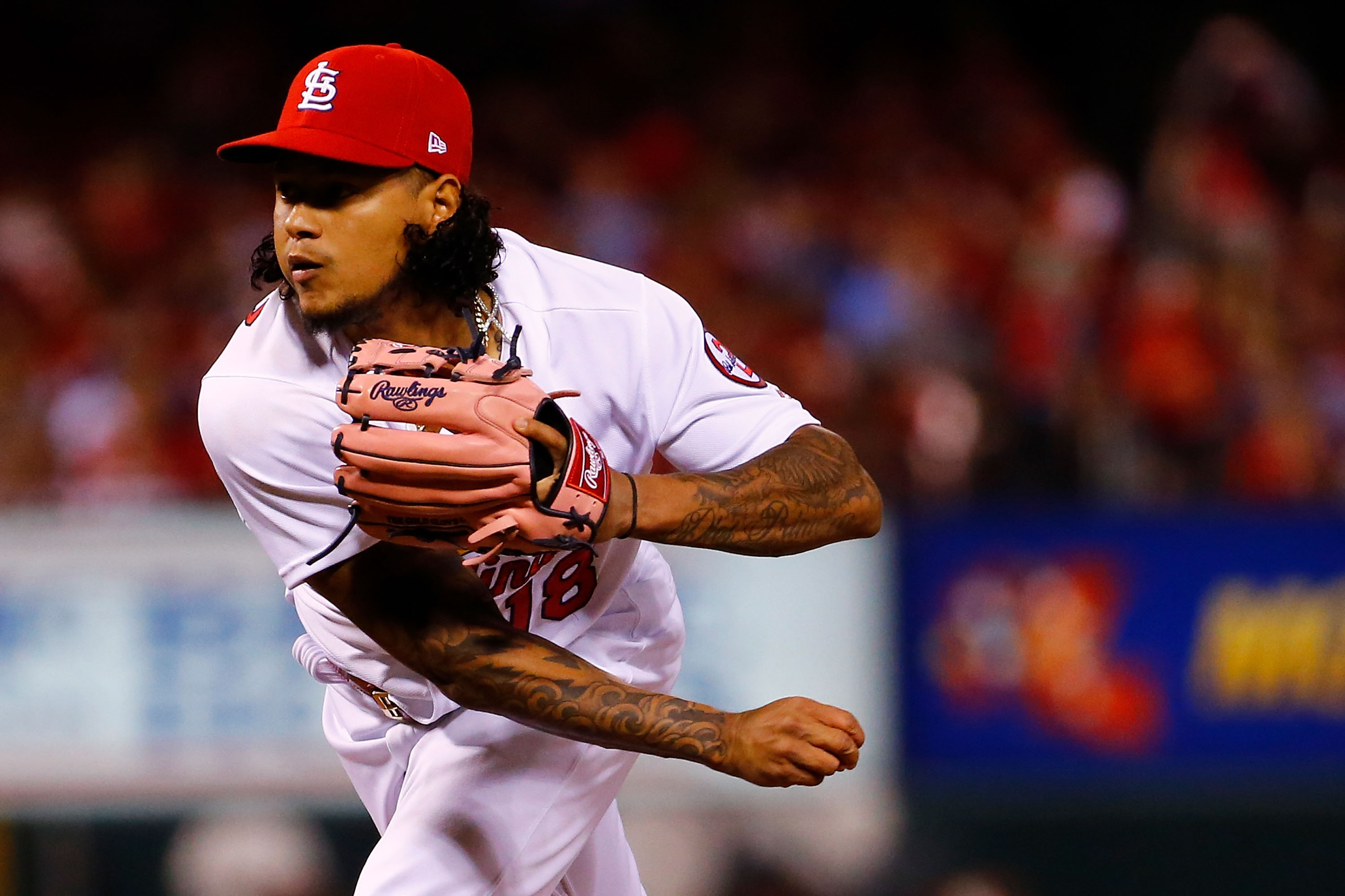 St. Louis Cardinals Carlos Martinez gets water poured on his