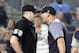 New York Yankees manager Aaron Boone talks with umpire Nic Lentz (59) before getting tossed from the baseball game during the fifth inning Friday, Aug. 31, 2018, at Yankee Stadium in New York. (AP Photo/Bill Kostroun)