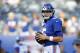 New York Giants quarterback Davis Webb (5) warms up before a preseason NFL football game Thursday, Aug. 9, 2018, in East Rutherford, N.J. (AP Photo/Adam Hunger)