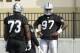 Oakland Raiders' Marcus Hurst (73) and Mario Edwards Jr. during NFL football practice in Napa, Calif., Saturday, July 28, 2018. (AP Photo/Jeff Chiu)