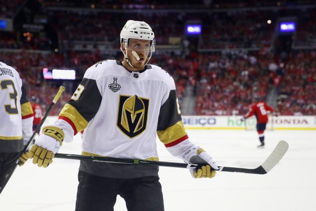 WASHINGTON, DC - JUNE 02:  Nate Schmidt #88 of the Vegas Golden Knights looks on against the Washington Capitals in Game Three of the 2018 NHL Stanley Cup Final at Capital One Arena on June 2, 2018 in Washington, DC.  (Photo by Gregory Shamus/Getty Images)