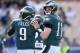 Philadelphia Eagles quarterback Carson Wentz, left, and quarterback Nick Foles warm up before an NFL football game against the Los Angeles Rams Sunday, Dec. 10, 2017, in Los Angeles. (AP Photo/Kelvin Kuo)