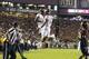 Virginia Tech Hokies wide receiver Damon Hazelton, left, and quarterback quarterback Josh Jackson (17) celebrate a touchdown on their first drive against Florida State during an NCAA college football game in Tallahassee, Fla., Monday, Sept. 3, 2018. (AP Photo/Mark Wallheiser)