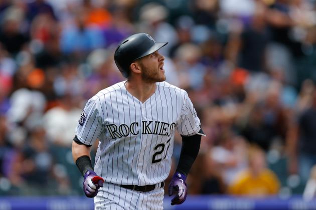 DENVER, CO - SEPTEMBER 3:  Trevor Story #27 of the Colorado Rockies watches his two-run home run during the first inning against the San Francisco Giants at Coors Field on September 3, 2018 in Denver, Colorado. (Photo by Justin Edmonds/Getty Images)
