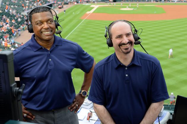 DETROIT, MI - JULY 05:  Detroit Tigers television broadcasters Rod Allen (L) and Mario Impemba look on prior to the game against the Tampa Bay Rays at Comerica Park on July 5, 2014 in Detroit, Michigan. The Rays defeated the Tigers 7-2.  (Photo by Mark Cunningham/MLB Photos via Getty Images)