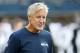 Seattle, Aug. 30 - Seattle Seahawks head coach Pete Carroll reacts before tackling the Oakland Raiders in their pre-season game at CenturyLink Field on August 30, 2018 in Seattle, WA. Washington state. (Photo by Abbie Parr / Getty Images)