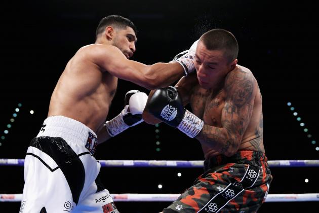 BIRMINGHAM, ENGLAND - SEPTEMBER 08:  Amir Khan of England land a punch on Samuel Vargas of Canada during their Welterweight bout held at Arena Birmingham on September 8, 2018 in Birmingham, England.  (Photo by Alex Livesey/Getty Images)