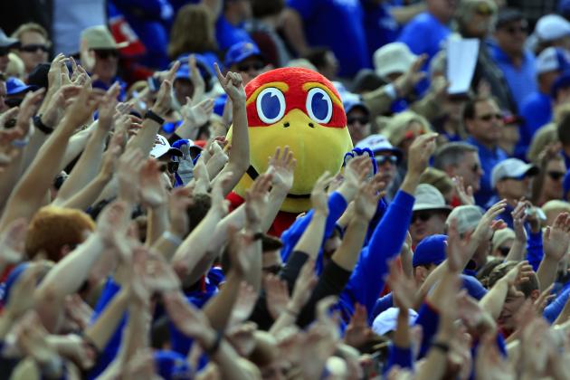 Kansas Jayhawks mascot during the first half of an NCAA college football game Texas Tech in Lawrence, Kan., Saturday, Oct. 7, 2017. (AP Photo/Orlin Wagner)