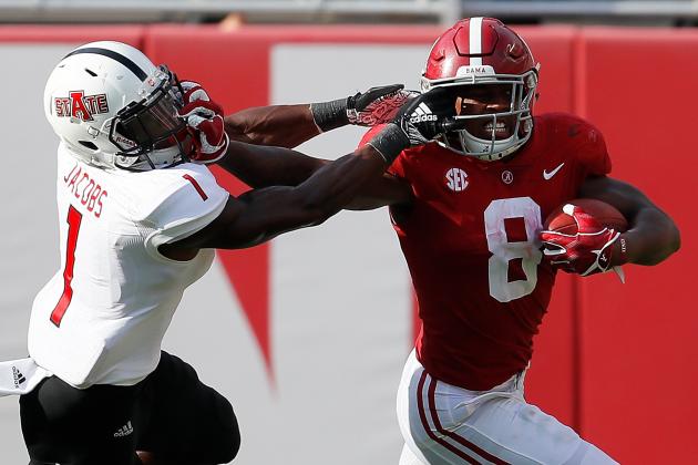 TUSCALOOSA, AL - SEPTEMBER 08:  Jerry Jacobs #1 of the Arkansas State Red Wolves is flagged for this facemask as he attempts to tackle Josh Jacobs #8 of the Alabama Crimson Tide at Bryant-Denny Stadium on September 8, 2018 in Tuscaloosa, Alabama.  (Photo by Kevin C. Cox/Getty Images)